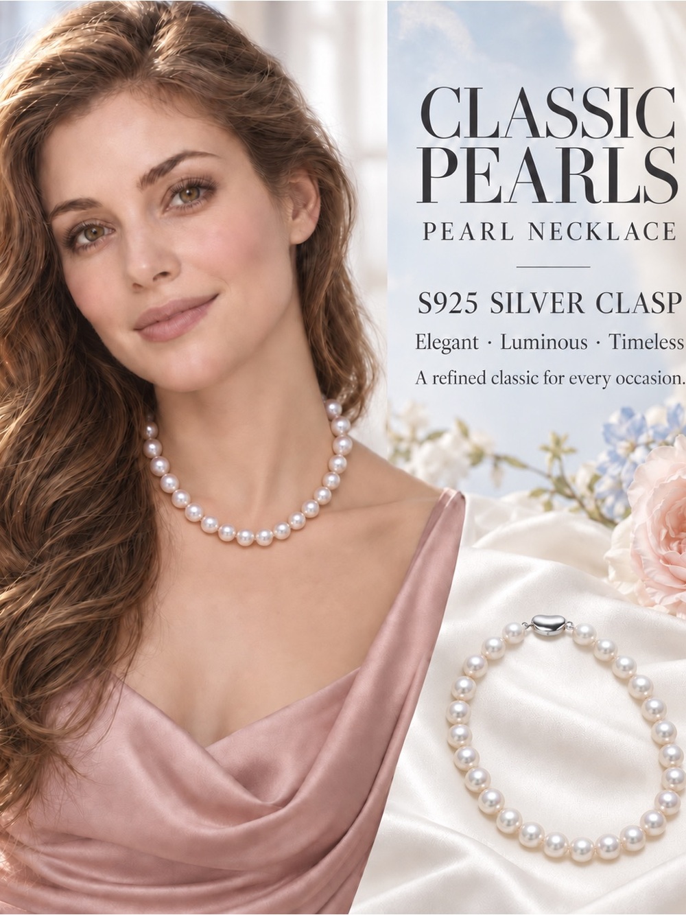 Lustrous Pearl Necklace with S925 Sterling Silver Clasp